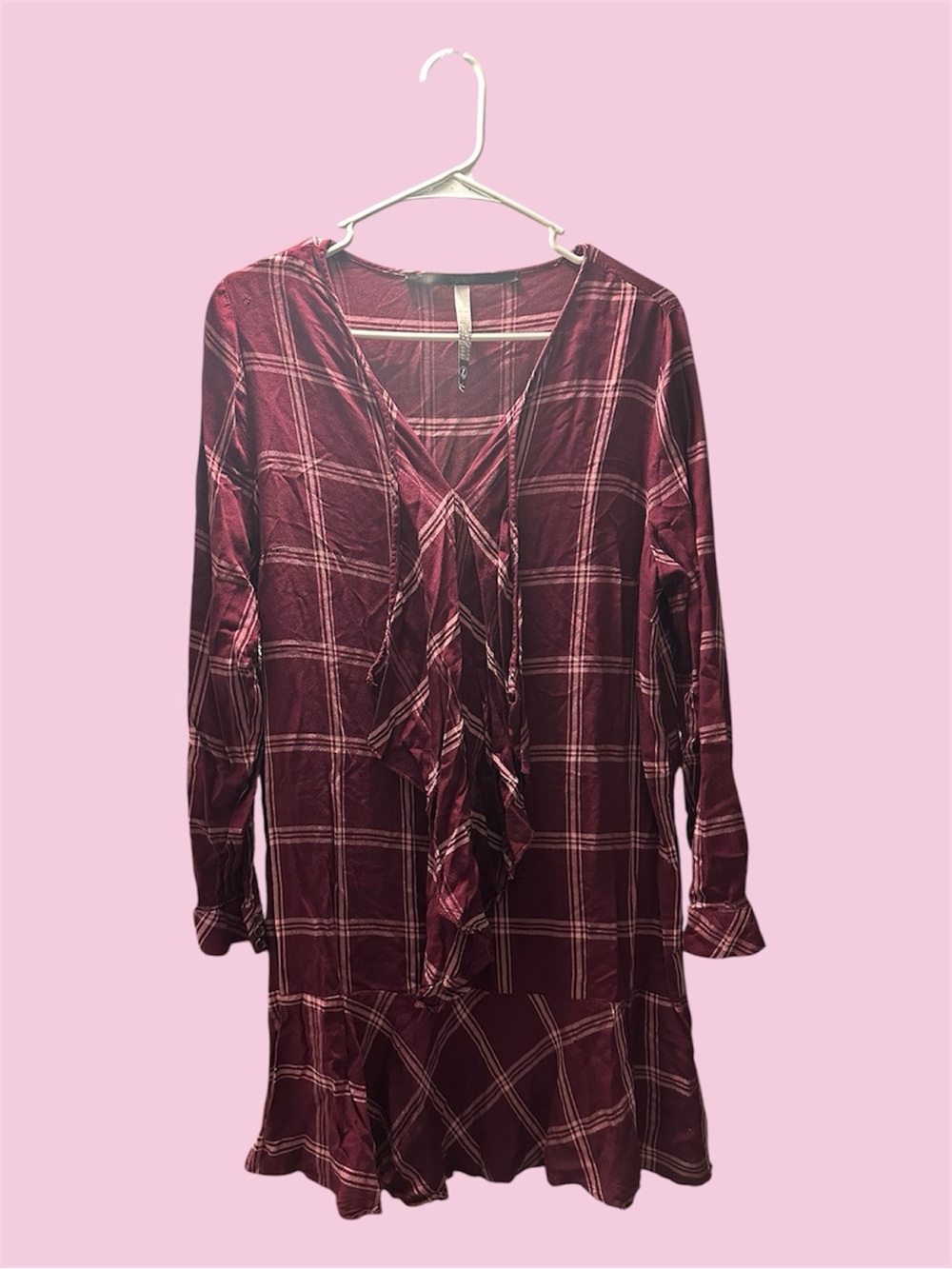 Kensie Burgundy Plaid Ruffled Tunic